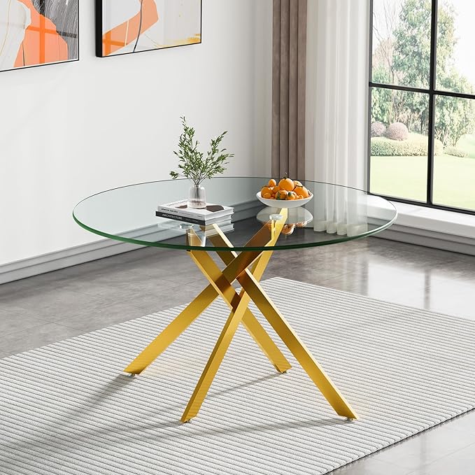 Goujxcy 5 Piece Round Glass Dining Table Set for 4, 47" Round Dining Table & Chair Set Modern Circle Glass Kitchen Table and 4 Velvet Upholstered Chairs for Kitchen Dining (Gold Table & Green Chair)