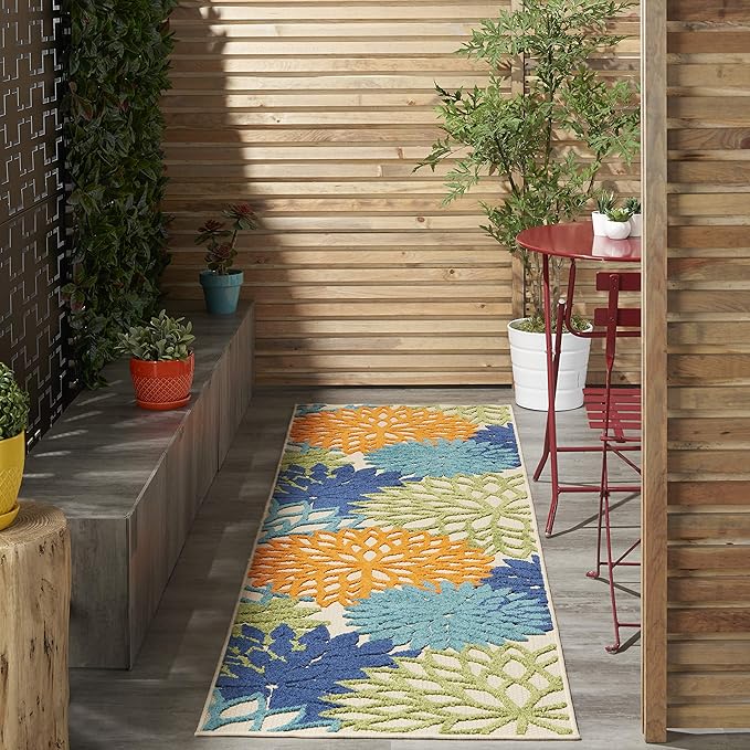 Nourison Aloha Indoor/Outdoor Multicolor 2' x 6' Area-Rug, Tropical, Botanical, Easy-Cleaning, Non Shedding, Bed Room, Living Room, Dining Room, Deck, Backyard, Patio (2x6)