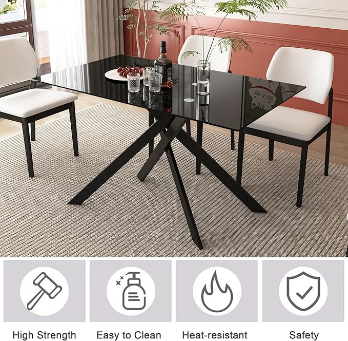 Goujxcy Modern Glass Dining Table Set for 4, Black Glass Kitchen Table and Chairs Set, 5 Piece Dining Room Table Set with 51" Rectangle Dinner Table and 4 White Leather Dining Chairs