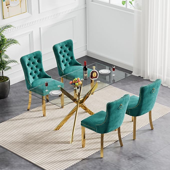 Goujxcy Glass Dining Table Set for 4, Modern Kitchen Table and Chairs Set of 4, 5-Piece Kitchen Dining Room Table Set w/51 Glass Gold Dining Table and 4 Green Velvet Upholstered Chairs