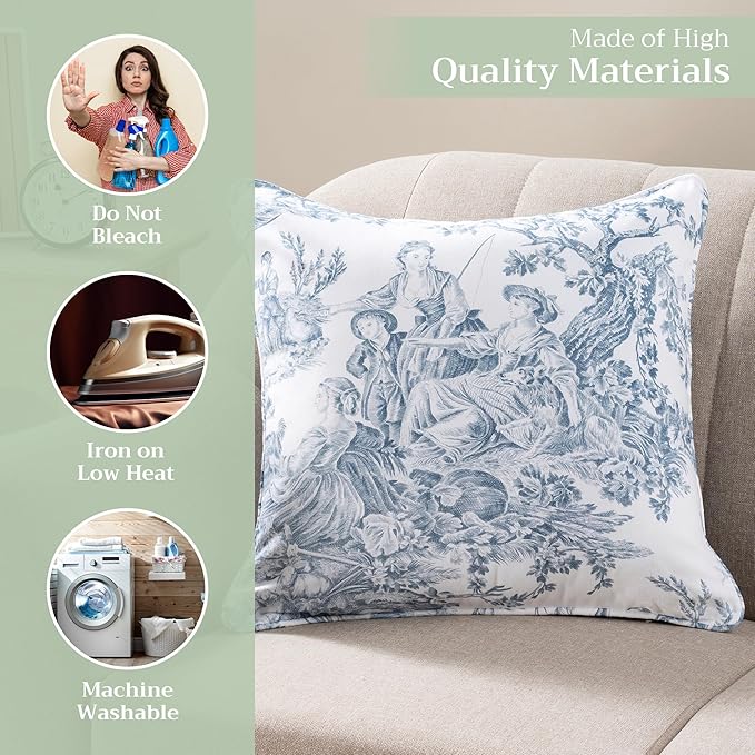 Maison d' Hermine Decorative Pillow Covers 20x20 Inch Square 100% Cotton Throw Pillow Covers with Invisible Zipper for Living Room Couch, Chair, Sofas, Bedroom, Home (The Miller - Blue (White))