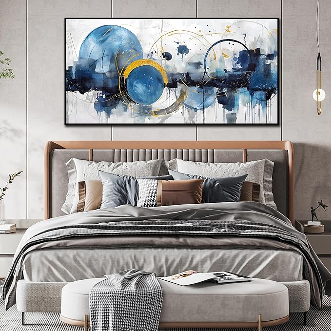 Blue Abstract Canvas Wall Art Bedroom - Office Artwork Wall Decor - Large Framed Wall Art for Living Room Ready to Hang Size 29" x 59"