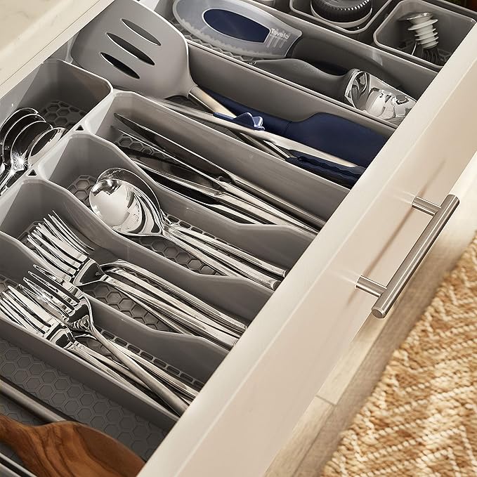 Spectrum HEXA 5-Divider Expandable Silverware Tray (Stone Gray) - In-Drawer Organizer for Kitchen Accessories, Cutlery, Knives, & More / Easy-to-Clean Home & Apartment Essential