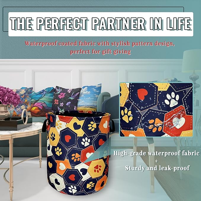 Colorful Dog Paws Hearts Laundry Basket Foldable With Handles Funny Tote Bag Oxford Cloth Animal Laundry Hamper 18.9"x16.5 "Clothe Storage Bucket Toy Organizer For Bathroom/Laundry/Bedroom