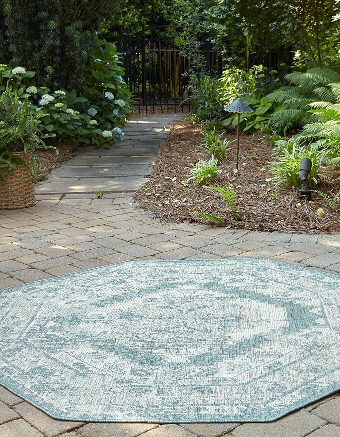 Unique Loom Outdoor Traditional Collection Area Rug - Valeria (5' 3" Octagon, Aqua/ Ivory)