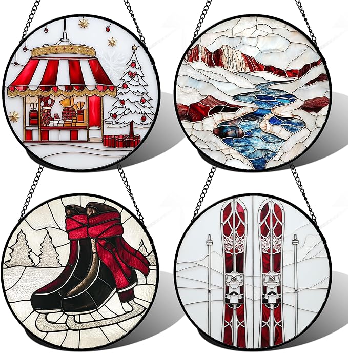 Stained Glass Window Hanging 4 Pcs Set Winter Skiing Red Christmas House 6.3" - Suncatcher Door Garden Sun Catcher Decor Birthday Mother's Day for Mom Woman Nana Friend