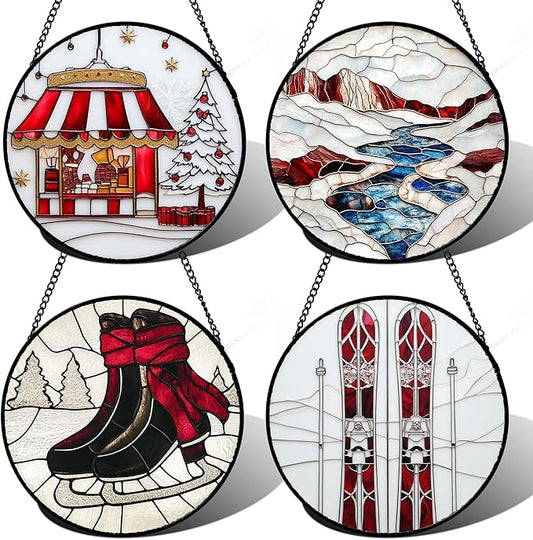 Stained Glass Window Hanging 4 Pcs Set Winter Skiing Red Christmas House 6.3" - Suncatcher Door Garden Sun Catcher Decor Birthday Mother's Day for Mom Woman Nana Friend