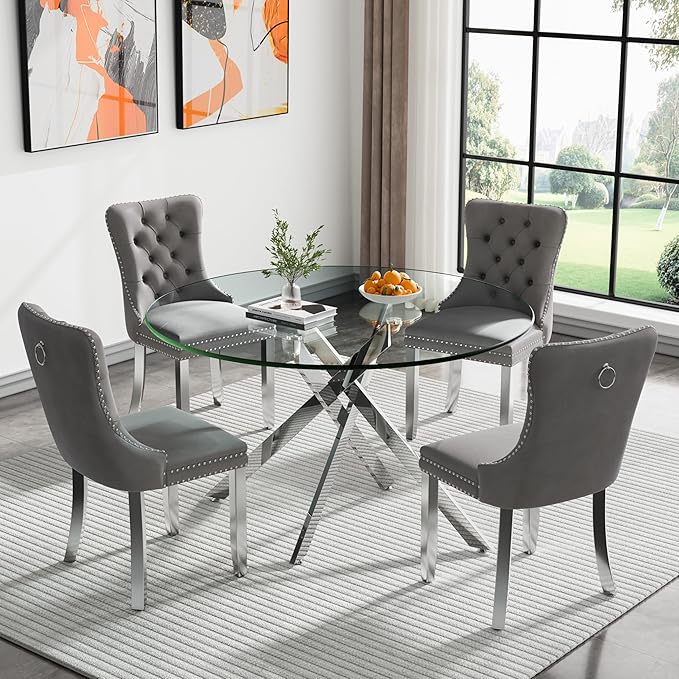 Goujxcy Round Dining Table Set for 4, Modern Glass Kitchen Table and Chairs Set of 4, 5-Piece Dining Room Table Set w/47 Circle Silver Glass Dining Table and 4 Upholstered Velvet Chairs