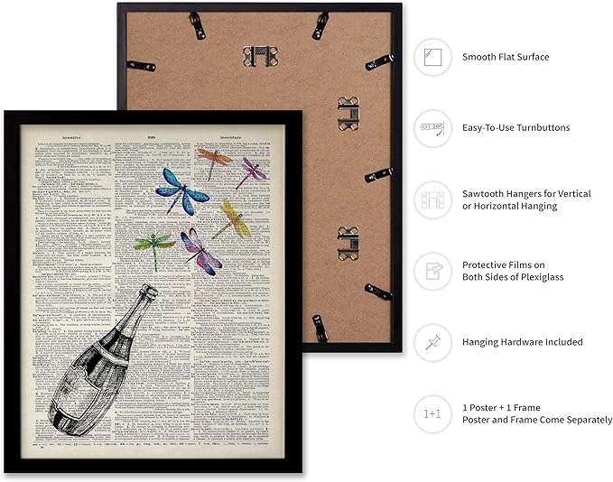 Poster Master Dictionary Art Poster - Champagne Bottle Print - Dragonfly Art - Alcohol Art - Gift for Men, Women & Bartender - Great Decor for Bar, Kitchen or Restaurant, 16x20 Black Framed