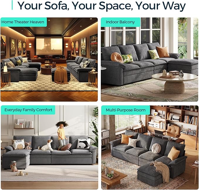 LINSY HOME Modular Cloud Couch, 113" L Shaped Sectional Sofa with Double Layer Cushions and Ottoman, Chenille 4 Seater Sofa Set for Living Room, Apartment, Grey