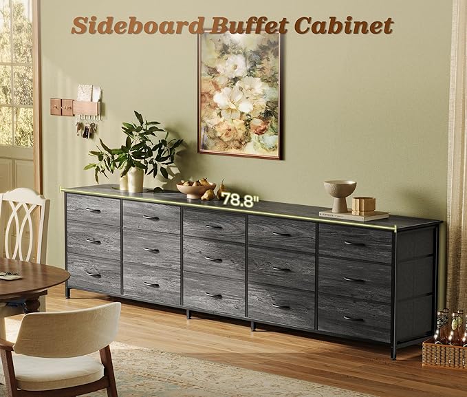 Huuger 78.7 inch Long Dresser for Bedroom, 15 Drawer Fabric Dresser for Closet, Large TV Stand for 65, 75, 85 inch TV, Wide Chest of Drawer with Storage, 78.7" W x 12.9" D x 26.7" H, Grey