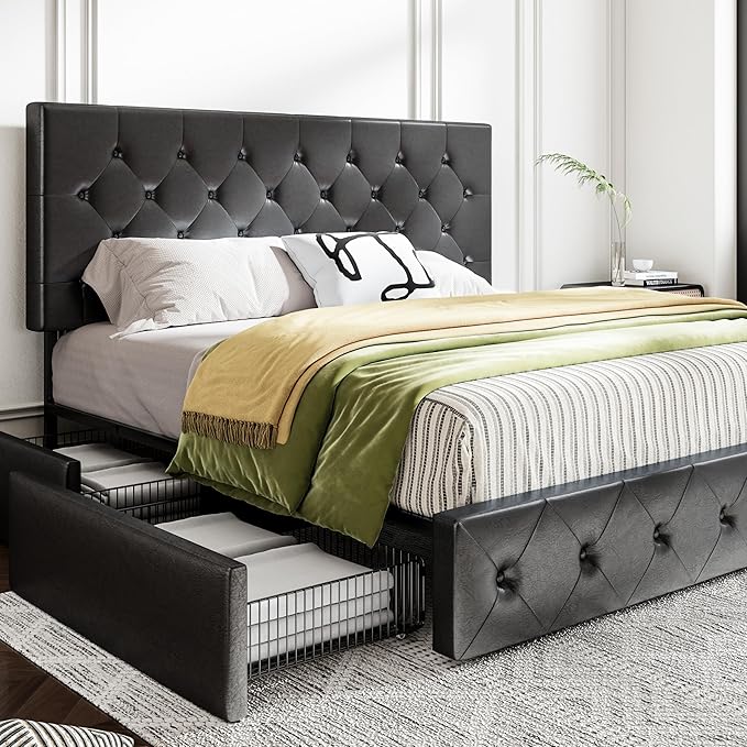 MUTICOR King Size Bed Frame with 4 Storage Drawers, Upholstered Platform Bed with Button Tufted Adjustable Headboard, No Box Spring Needed, Easy Assembly, Diamond Tufted, Black Leather