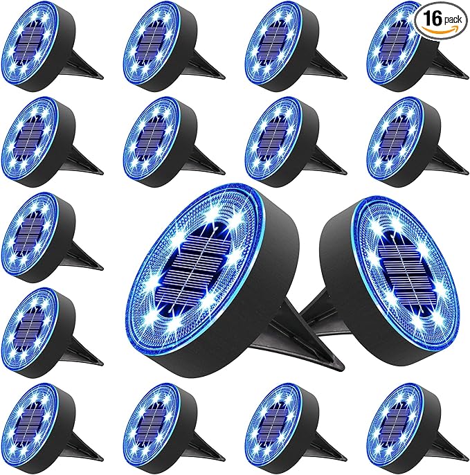 Joomer Solar Ground Lights, 16 Pack 8 LED Solar Lights Outdoor IP68 Waterproof Disc Light In-Ground Landscape Lighting Outdoor for Patio Pathway Lawn Yard Driveway Walkway (Blue)