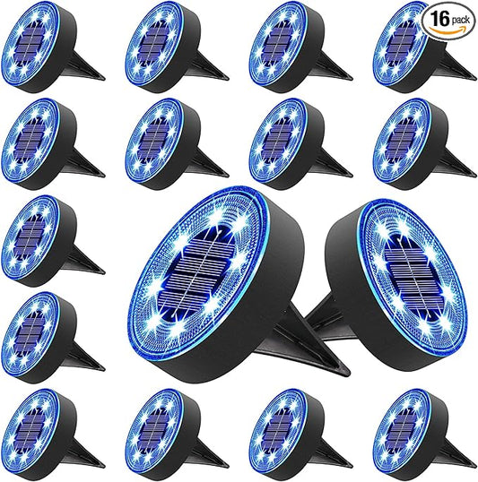 Joomer Solar Ground Lights, 16 Pack 8 LED Solar Lights Outdoor IP68 Waterproof Disc Light In-Ground Landscape Lighting Outdoor for Patio Pathway Lawn Yard Driveway Walkway (Blue)