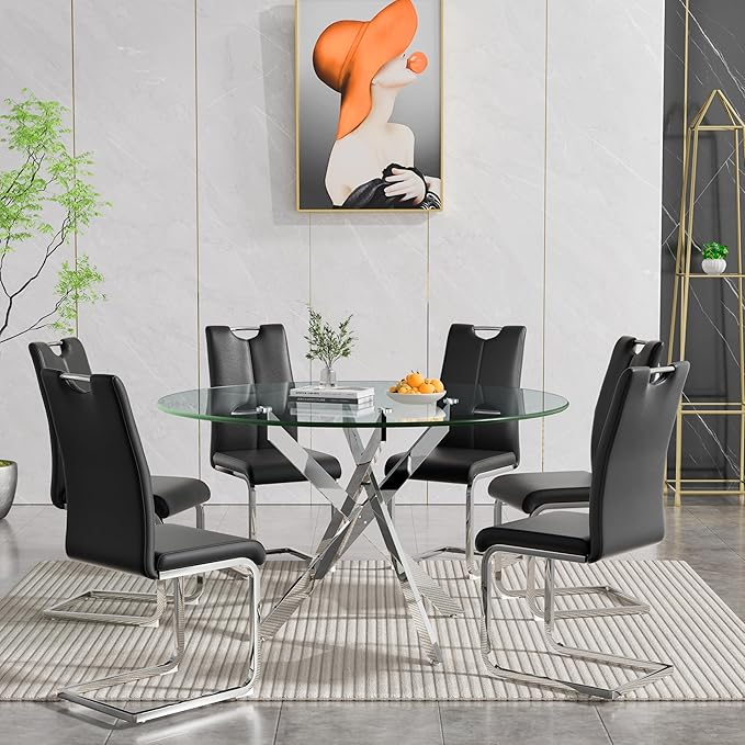 Goujxcy Round Dining Table Set for 6, Modern Glass Kitchen Table and Chairs Set of 6, 7 Piece Dining Room Table Set with 47" Circle Silver Metal Glass Dinner Tables and 6 Black Leather Dining Chairs