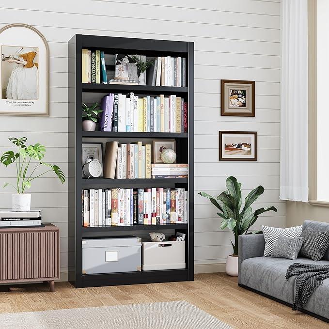 69" Metal Bookcase, 5 Tier Bookshelf with Adjustable Shelves, Heavy-Duty Steel Storage Shelves for Living Room, Home Office, Library, or Bedroom, Black
