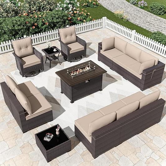 Kurapika 13 Pieces Patio Furniture Set, Rattan Wicker Outdoor Conversation Sets w/43in Propane Fire Pit Table, Swivel Rocking Chairs Patio Sectional Sofa w/4 Inch Cushion, Sand