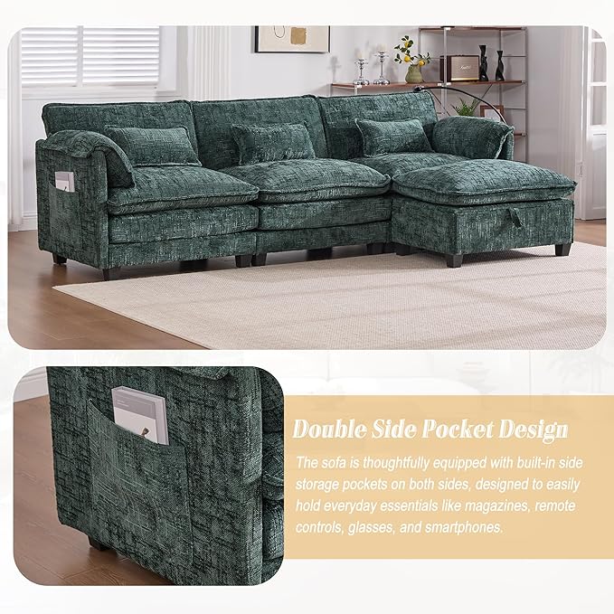 KEIKI 110" L-Shaped Boucle Modular Sectional Chenille Sofa with 1 Ottoman & Memory Foam Cushion & Phone Holder & USB, Upholstered Oversized 4-Seater Couch, Easy Assembly, for Living Room, Emerald