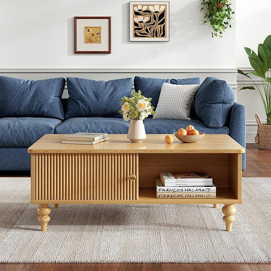 Mid-Century Modern Coffee Table, Wooden Fluted Entertainment Center with Open Storage Shelf, Rustic Living Room Furniture for Home & Office, Natural Oak