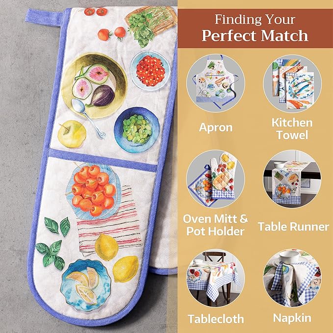 Maison d' Hermine Double Oven Mitts 100% Cotton 7"x35" Double Oven Mitt Heat Resistant BBQ Cooking Gloves with Loop, Baking, Grilling, Home, Kitchen, Handling Hot Pans Spring Summer (Gourmand)