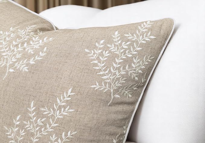 VAGMINE Embroidered Leaves Throw Pillow Cover - 18x18 Inches Square - 100% Linen Natural Decorative Cushion Cover - Artistic Floral Embroidery - Cozy Farmhouse & Boho Accent for Sofa, Couch, Bedroom