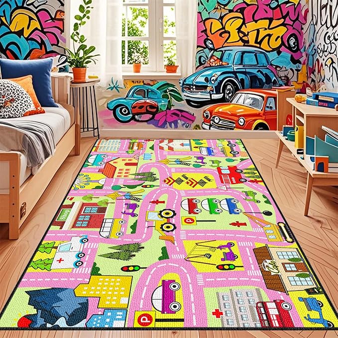 Car Track Rug - Car Rugs for Kids Toy Cars City Life Road Rug Large Kids Play Mat Car Carpet for Boys Girls Playroom Living Room Bedroom Classroom, 5'×7'