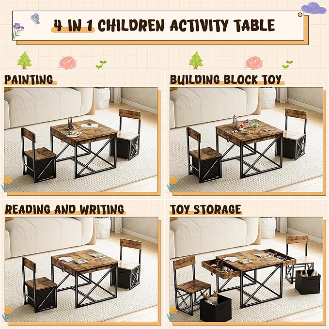 Kids Table and 2 Chairs Set, 4 in 1 Toddler Activity Table and Chairs Set with Storage, Children Desk and Chairs Set for Crafts, Drawing, Reading, Toddler Furniture Ideal for Learning Play
