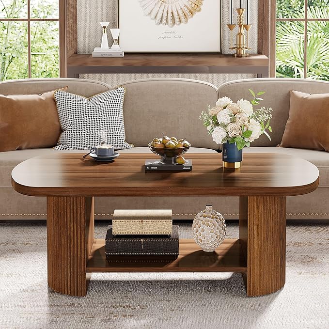 Tribesigns Oval Coffee Table, Mid-Century 2-Tier Coffee Table with Storage Shelf, Modern 45.27" Accent Center Table with Wooden Dual Base for Living Room Bedroom Apartment (Rustic Brown)