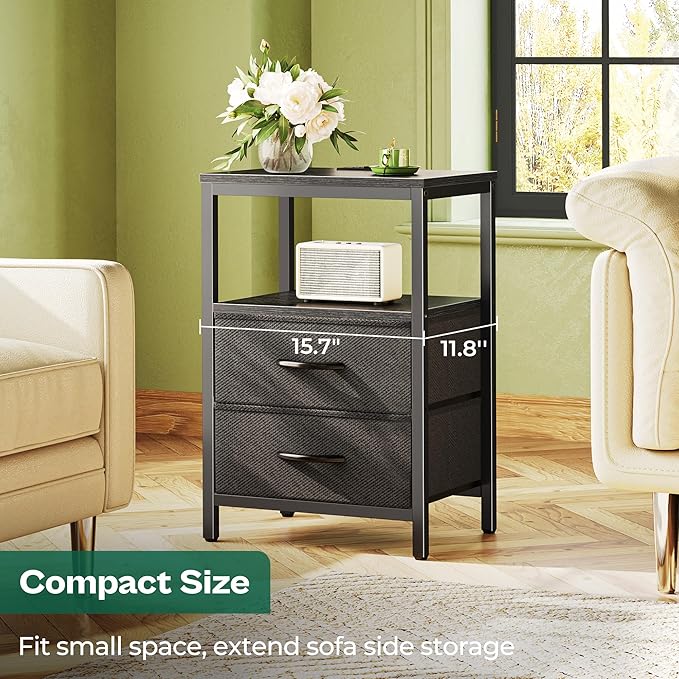 Huuger Nightstand with Charging Station, Side Table with Fabric Drawers, End Table with Open Shelf, Bedside Table with USB Ports and Outlets, Night Stand for Bedroom, Black