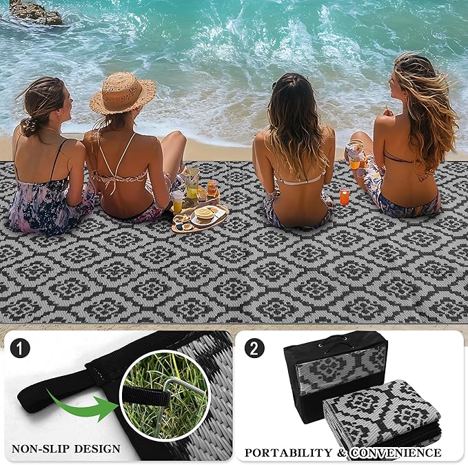 Wallona Outdoor Rugs 8x10 ft Patio Waterproof Clearance Indoor Outdoor Large Carpet for Patio Plastic Straw Reversible Area Rugs Mat for RV, Camping, Balcony, Beach, Picnic, Porch, Brick Black & Grey