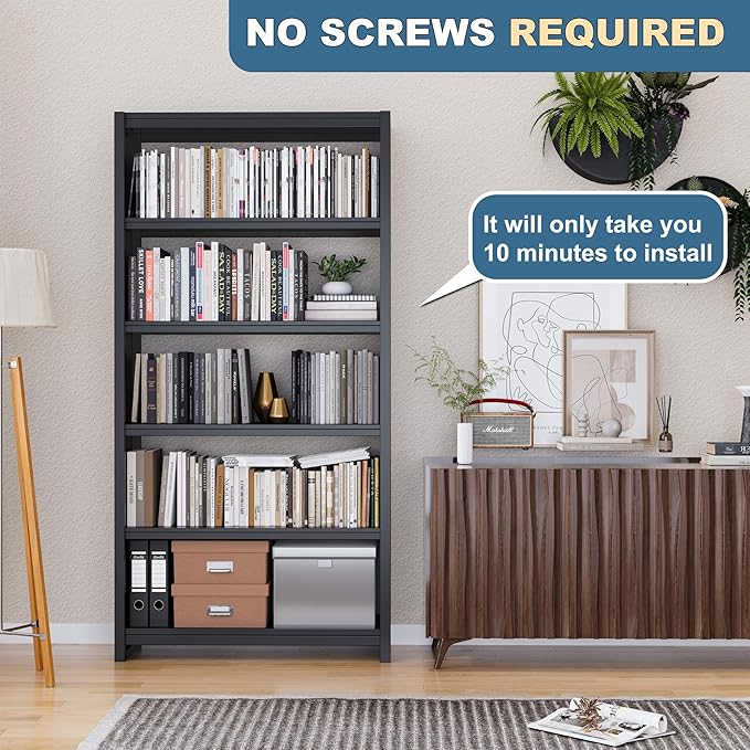 Bookshelf,5 Tier Bookshelves,69" Tall Metal White Bookcase,Install Simple Bookshelves for Bedroom, Living Room,Home Office/Library (Black)