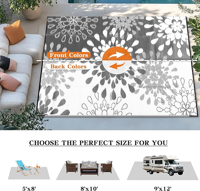 Wallona Outdoor Rugs 8x10 ft Patio Waterproof Clearance Indoor Outdoor Large Carpet for Patio Plastic Straw Reversible Area Rugs Mat for RV, Camping, Balcony, Beach, Picnic, Porch, Flower Grey & White