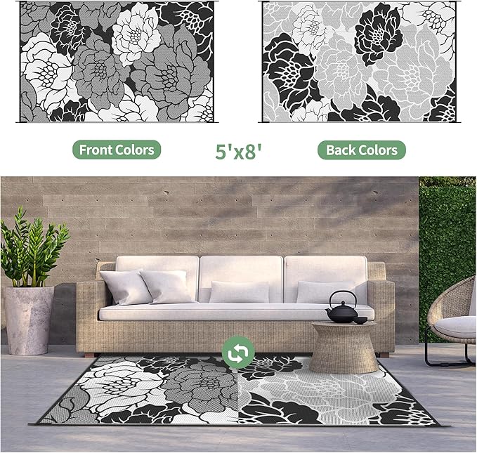 GENIMO Outdoor Rug Waterproof for Patio Decor, 5' x 8' Reversible Plastic Straw Floral Camping Carpet, Large Area Rugs Mats for RV, Camper, Deck, Balcony, Porch, Beach, Picnic, Mix-Black & White