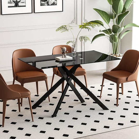 51" Rectangular Glass Dining Table Modern Kitchen Glass Top Table for 4 with Black Metal Legs, Clear Dining Table Kitchen Table for Home Office Dining Room