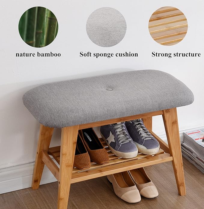 Shoe Rack Bench, Bamboo Entryway Bench, Organizer with 2 Tier Storage, Simple Style, Good Load Bearing, Ideal for Entryway Hallway Living Room,(Nature,23.6'')