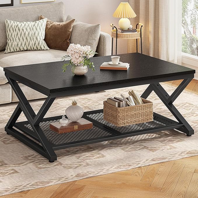 EnHomee Coffee Table with Storage, Modern Coffee Tables for Living Room with Mesh Shelf, 2 Tier Rectangular Center Table for Living Room, Bedroom, 39.4 Inch, Black Oak