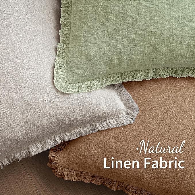 MIULEE Decorative Throw Pillow Covers Neutral Linen Fringe Throw Pillows Euro Shams Set of 2 Sage Green Boho Farmhouse Cushion Covers for Couch Sofa Bed Living Room Spring Home Decor 26x26 Inch