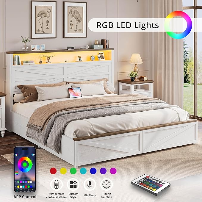 IRONCK Farmhouse King Size Bed Frame with LED Light and Charging Station, Wood Bed Frame with Storage Headboard and 2 Drawers， Barn Door Design, Sturdy and Noiseless, White