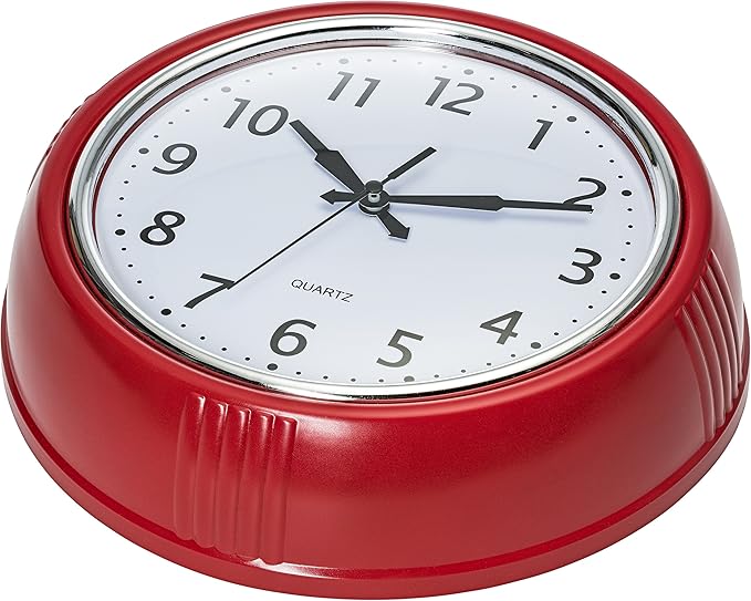 Bernhard Products Retro Wall Clock 12 Inch Red Kitchen 50's Vintage Design Round Silent Non Ticking Battery Operated Quality Quartz Clock for Home Office School or Classroom