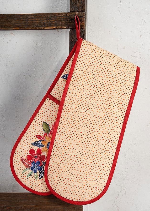 Maison d' Hermine Double Oven Mitt (7" x 35") 100% Cotton Heat Resistant BBQ Cooking Gloves with Loop for Thanksgiving Christmas Decorations Baking Cooking Barbeque Handling Hot Pan (Kalahari)