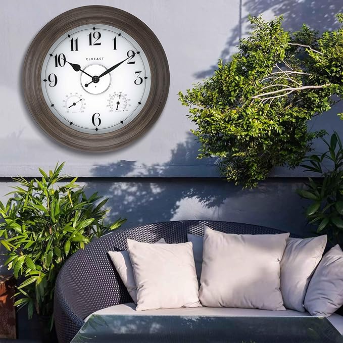 CLXEAST 24 Inch LED Illuminated Outdoor Clocks Waterproof with Thermometer & Hygrometer, Large Lighted Metal Wall Clock with Smart Night Light Sensor,Grey Oak Finish,House Warming Gifts New Home