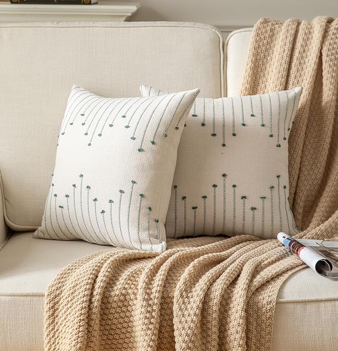 Caflife Boho Throw Pillow Covers 24x24 Set of 2 Decorative Pillows for Bed, Neutral Pillow Covers Beige with Green Line Throw Pillows for Modern Farmhouse Couch Sofa Living Room Outdoor