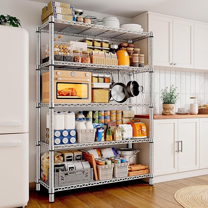 REIBII 5-Tier Wire Shelving - Heavy Duty Metal Shelves for Loads up to 1200LBS, Adjustable Garage & Pantry Storage, 71H X 35.5W X 14D, Chrome