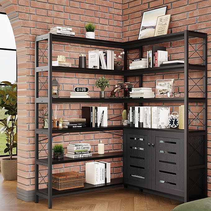Corner Bookshelves and Bookcases Industrial Corner Etagere Bookcase L Shaped Shelf 6 Tiers with Metal Frame for Living Room Home Office