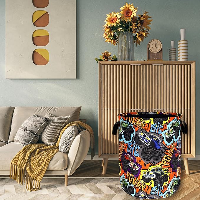 Funny Cars Laundry Basket Foldable Oxford Cloth Laundry Hamper With Handle Portable Clothes Storage Basket 18.9 X 16.5 Inch Storage Bag For Laundry Room/Bathroom/Bedroom