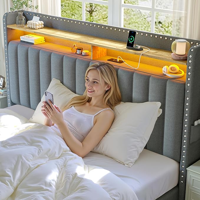 EnHomee King Size Bed Frame with 2 Storage Drawers, Upholstered Platform Bed with LED Lights and Charging Station, Sturdy Wooden Slats Support, No Box Spring Needed, Noise Free, Grey