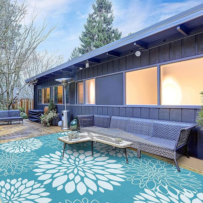 Ileading Reversible Outdoor Rug 8x10Ft Waterproof Patio Rug Carpet Portable Outdoor Plastic Straw Rug Large RV Camping Mat Rug for Patio, Clearance, Deck, Beach, Porch, Camping, Picnic, Teal