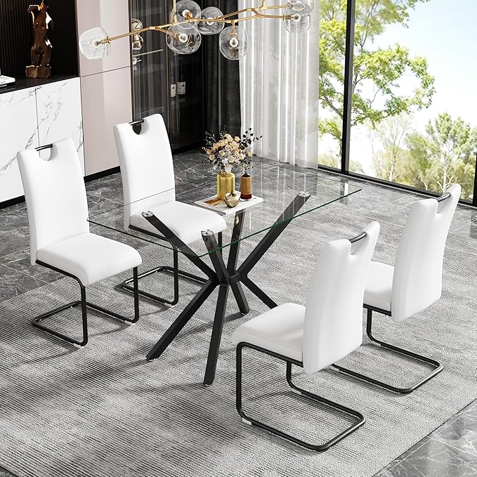 47" Tempered Glass Dining Table for 4, Modern Kitchen Table Rectangle Top, Geometric Metal Leg, for Apartment Dining Room Restaurant (Black)