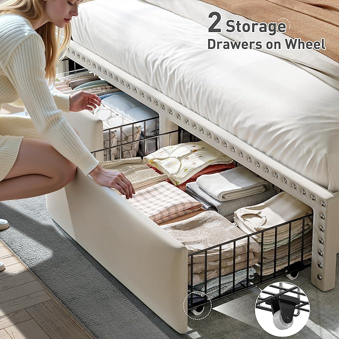 EnHomee Queen Bed Frame with 2 Storage Drawers, Upholstered Platform Bed with LED Lights and Charging Station, Sturdy Wooden Slats Support, No Box Spring Needed, Noise Free, Beige