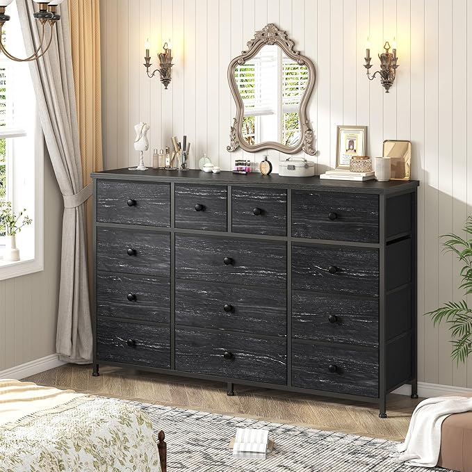 Black Dresser with 13 Fabric Dresser，Tv Stand for Bedroom for 40,50,55 inch Tv,Entertainment Center,Storage Drawers for Living Room, Hallway, Entryway 47.2" Wx 33" H X 11.8" D